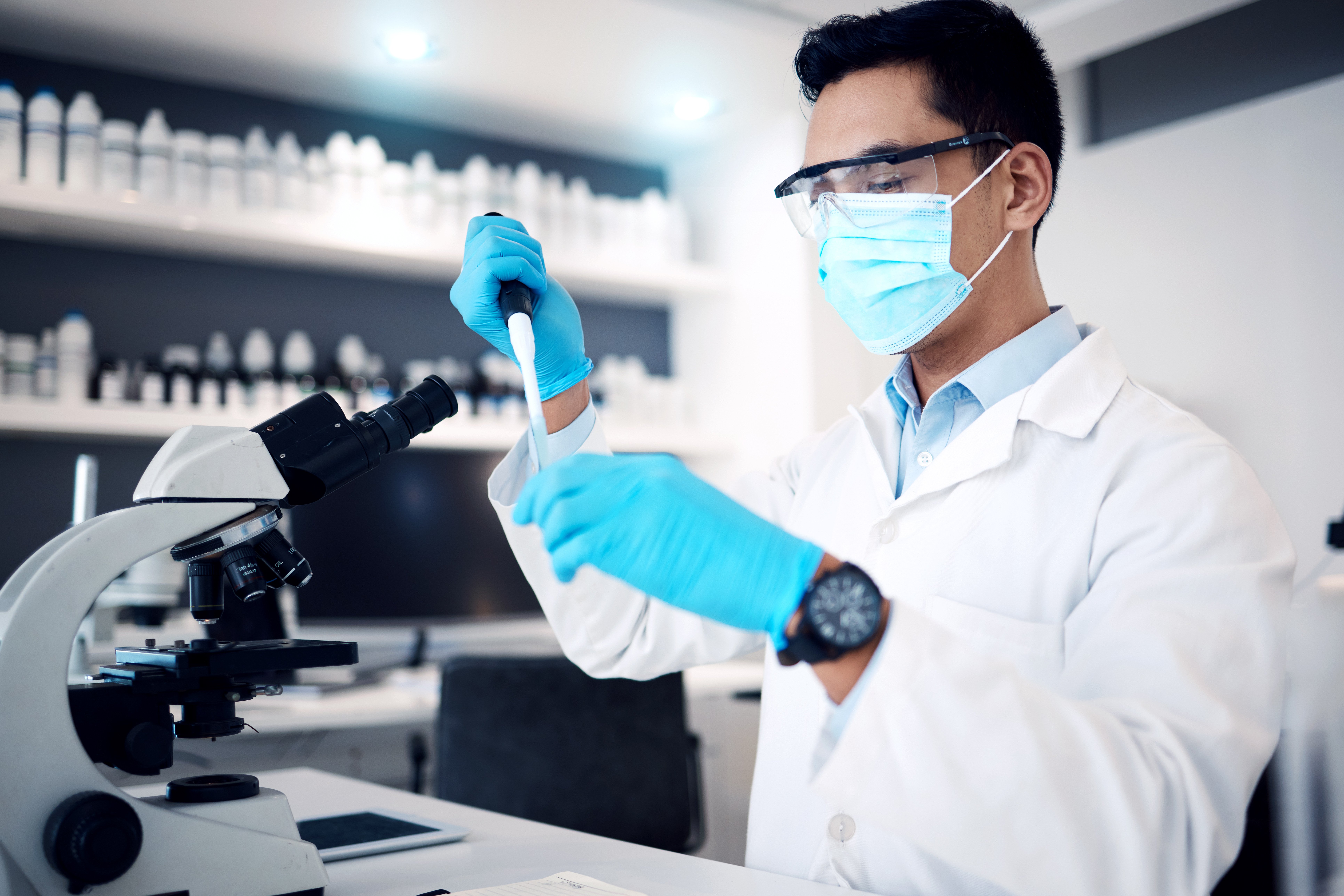 Home mold testing and scientist in a lab for a test, science innovation